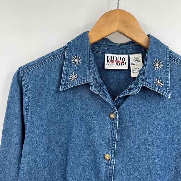 90s Vintage Bill Blass Embroidered Denim Shacket Cottagecore Button Down Medium - Picture 5 of 5